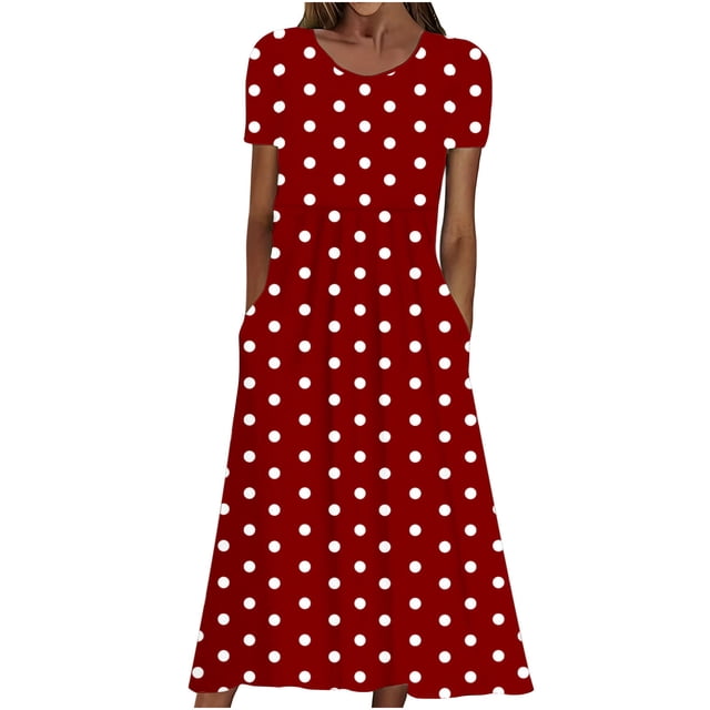 Vestido Casual Pantalones para Mujeres Vestido de Cuello Alto Cintura Elástica Cuello en V Manga Corta Polka Dot Cuello Redondo Top