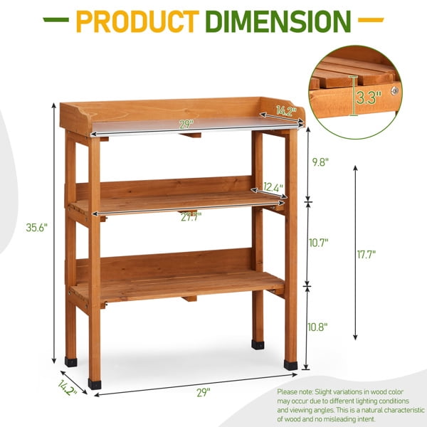 Outdoor Garden Potting Bench Table, Wooden Horticulture Planting Worstation with Metal Tabletop, 2 Storage Shelves, 3 Hooks, Natural Wood