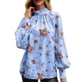 thumbnail image 2 of EFINNY Women's Chiffon Blouse Long Lantern Sleeves Shirt Round Neck Applique Top Blouse For Lady, 2 of 7
