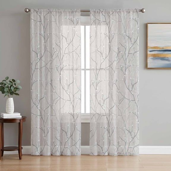 Grey Branches Sheer Curtains 72 Inch Length 2 Panels Set - Light Filtering Window Treatments, Vintage Art Farmhouse Rod Pocket Semi Curtains for Living Room/Bedroom/Kitchen Décor, 104"W x 72"L