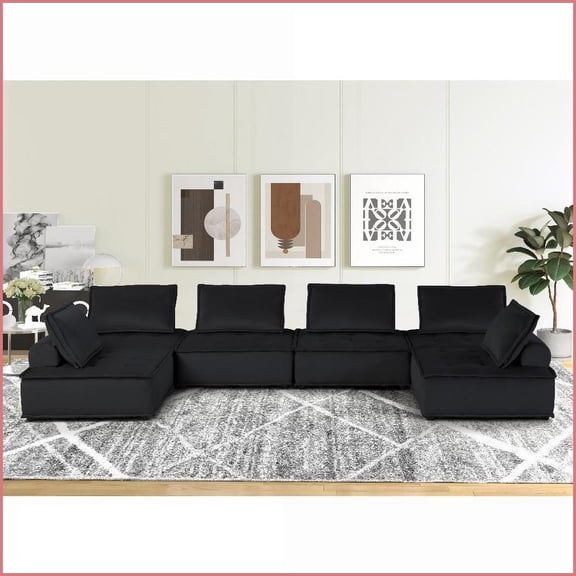 Modern 160” 6-Seater U-Shape Modular Sectional Sofa with Tufted Pocket Coil Seats | Black | Velvet | Armless