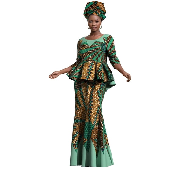 BAZINRICHE African Women's Sexy Slim Long Dresses with Headscarf African Printed Traditional Evening Gowns