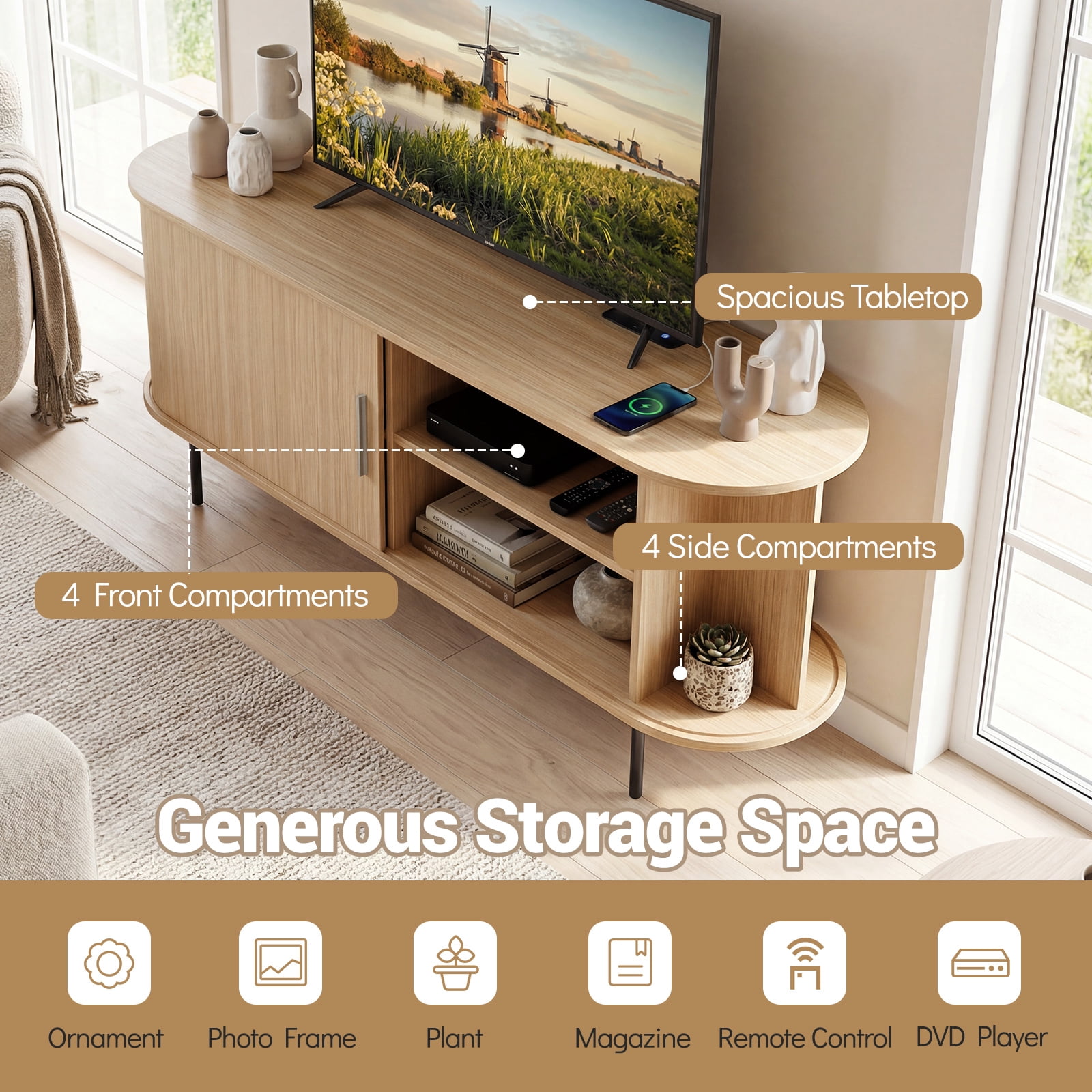 Costway Fluted TV Stand for TVs up to 60”, Mid Century Curved Entertainment Center Natural