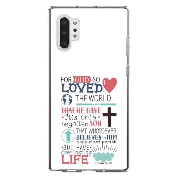 DistinctInk Clear Shockproof Hybrid Case for Galaxy Note 10 PLUS (6.8" Screen) - TPU Bumper, Acrylic Back, Tempered Glass Screen Protector - John 3:16 - Pink Teal - For God So Loved The World