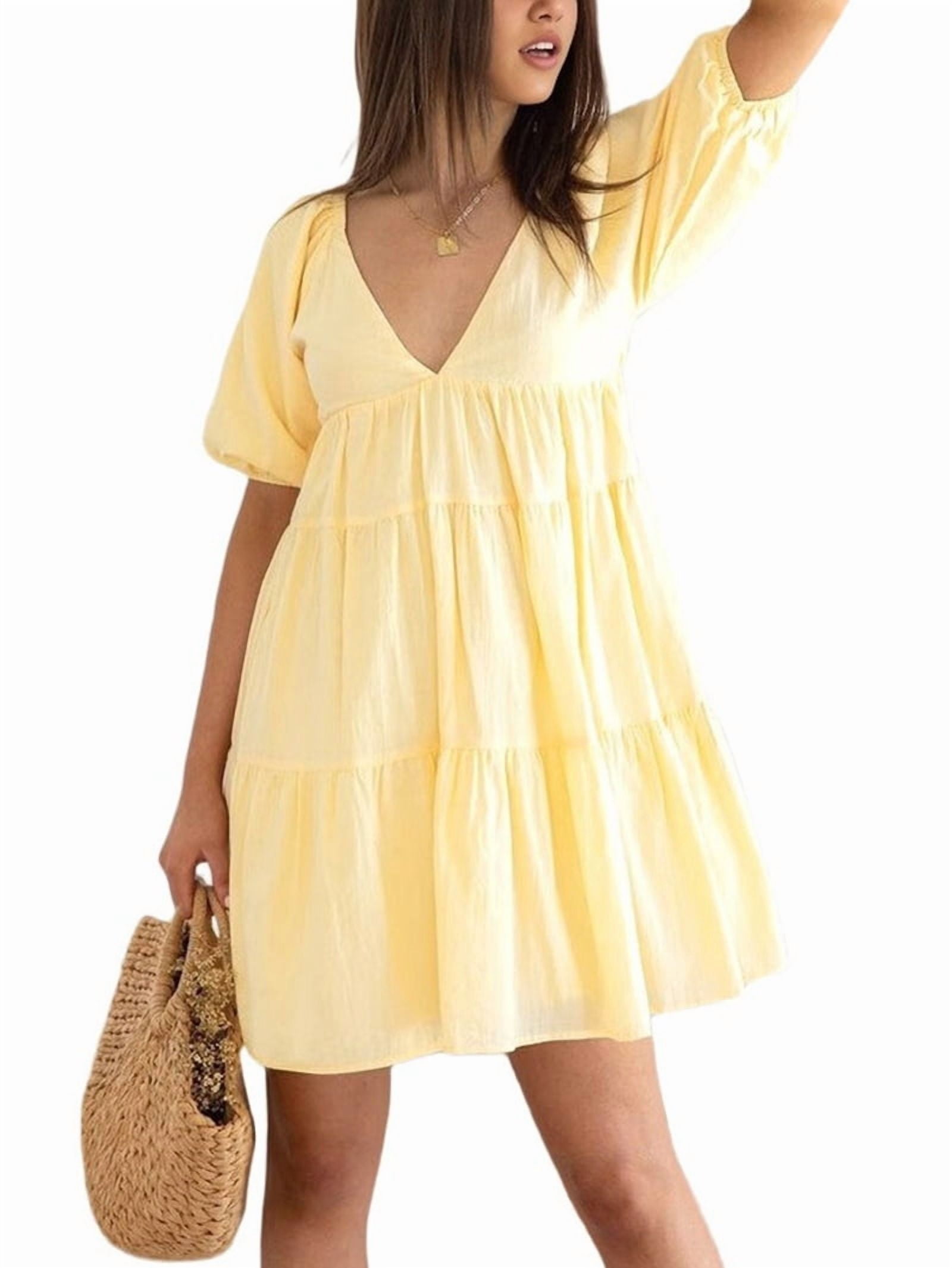 Womens Puff Short Sleeve Mini Dress Flowy Y2k Ruffle Lace Trim Babydoll Tie Front Embroidered A Line Dresses Yellow S