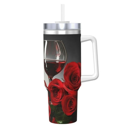 

Gaeub Red Wine Rose Print Stainless Steel Hot/Cold Coffee Cup 40oz Ice Bully Cup With Handle And Straw Travel Coffee Cup