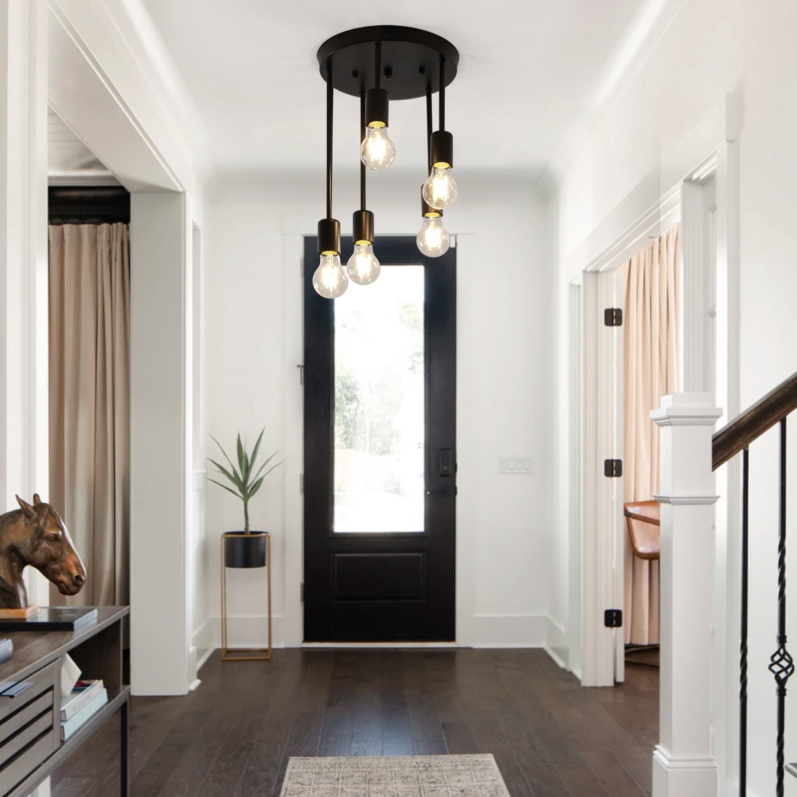 HALIGATE 5-Light Farmhouse  Ceiling Light Semi Flush Mount for House, Black Hallway Light Fixtures Kitchen Ceiling Light Fixtures for Living Room Foyer, E26 Base