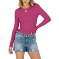 thumbnail image 2 of Women Long Sleeve Shirts Rib Knit Slim Fit Tops Fall Outfits Casual T-Shirt Underscrubs Layer Clothes Rose Red S, 2 of 8