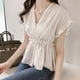 thumbnail image 5 of Camisa De Mujer Con Cuello En V Manga Corta Blusa De Rayas Con Volantes Top Casual, Blanco, M tholdsy AP001462-01, 5 of 7