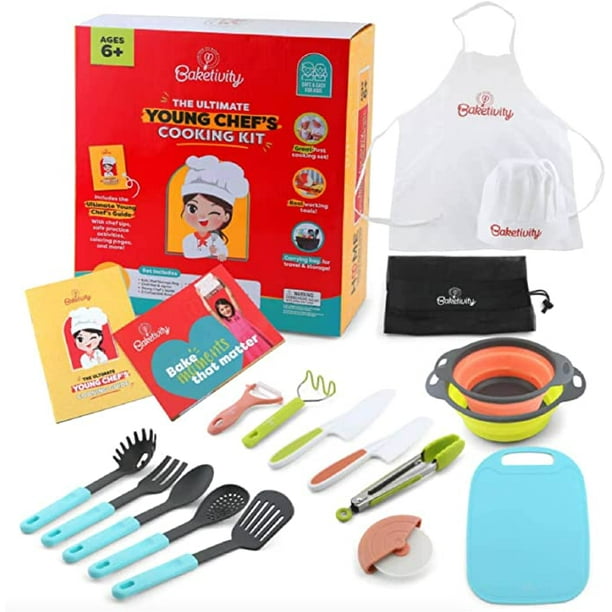 Baketivity Kids Cooking Set, Real Mini Kitchen Utensils for Real