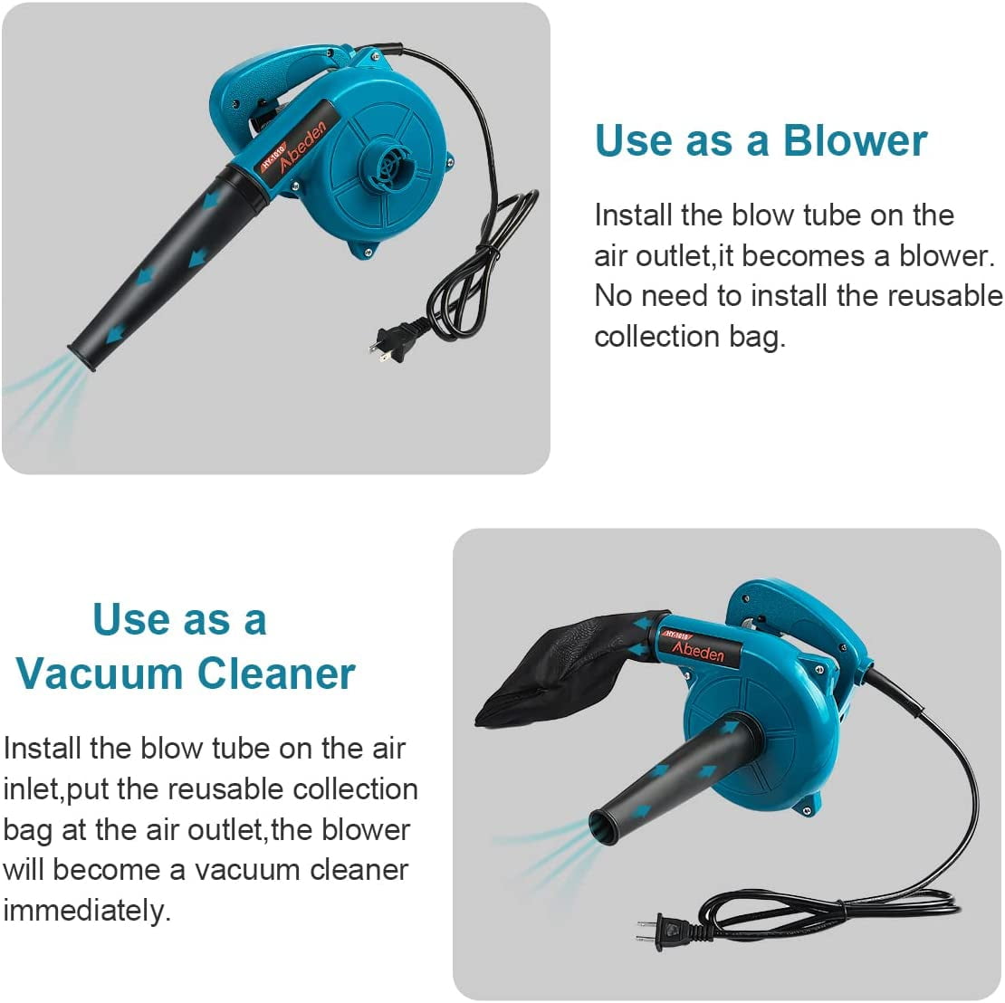 Corded Electric Leaf Blower,2 in 1 Small Handheld Lightweight Sweeper/Vacuum,110V 400W Portable Blower for Leaf/Snow/Dust Blowing