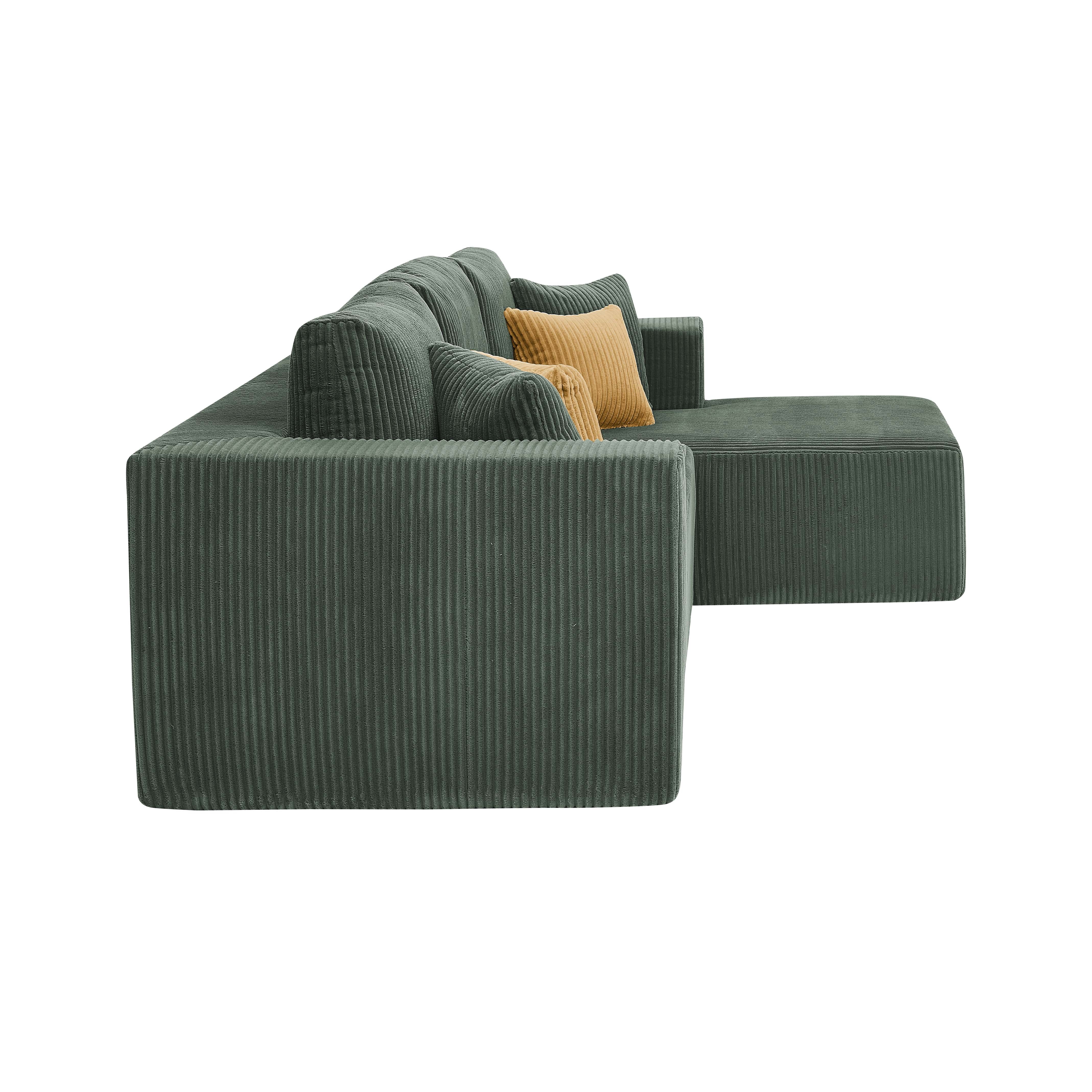 102" Modular Sectional Sofa, L-Shaped Cloud Couch with Right Facing Chaise, No Assembly Corduroy Sleeper Sofa, Plush Deep Seat Modular Couch with Toss Pillows for Living Room, Dark Green