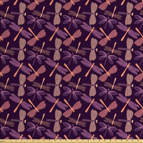 Ambesonne Dragonfly Fabric by the Yard Upholstery, Night Wingy Animals Print, 3 Yards, Purple and Peach