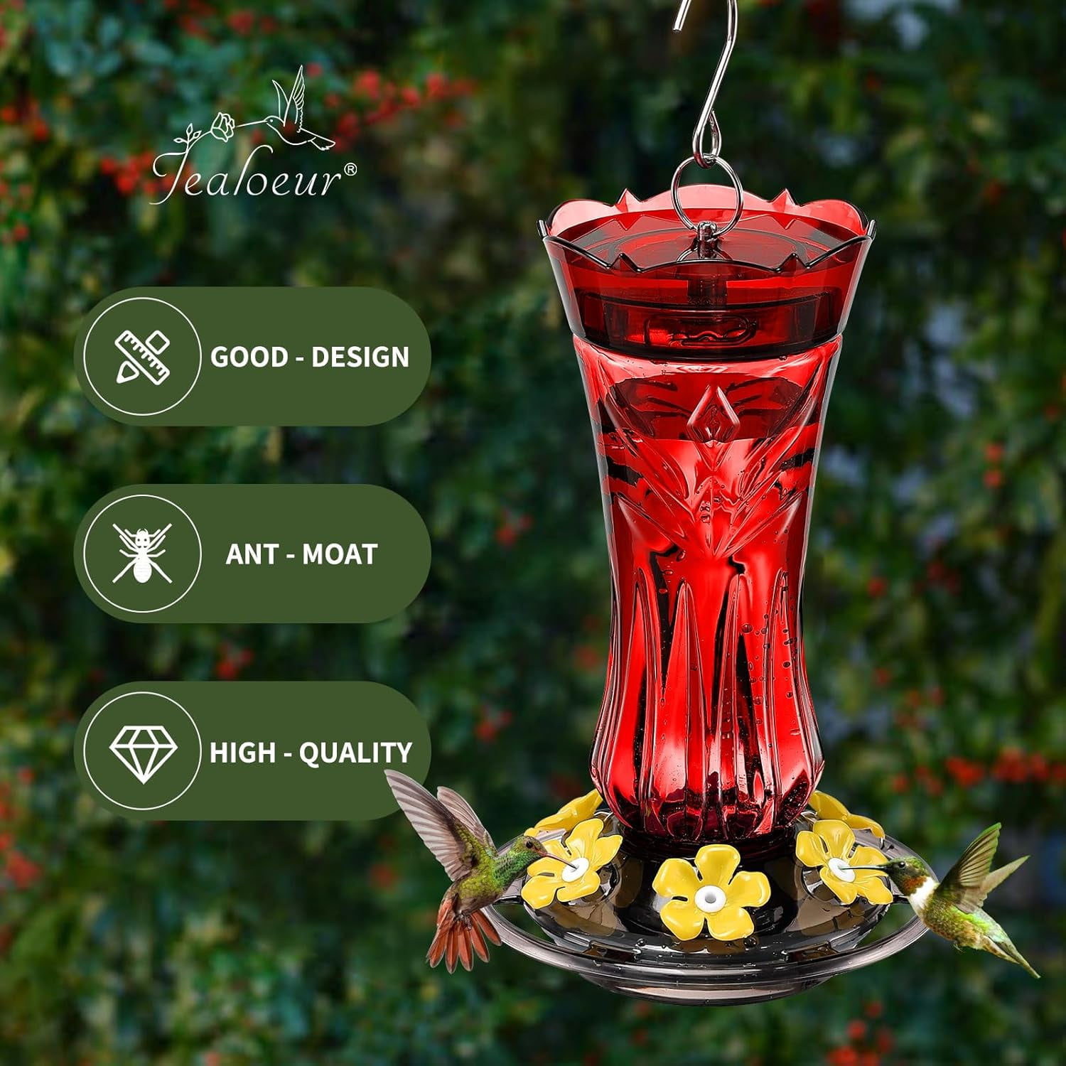 Hummingbird Feeder for Outdoors Hanging, with Bee Guard Feeding Ports & Built-in Ant Moat, Easy to Clean, Durable Outdoor Garden Decor