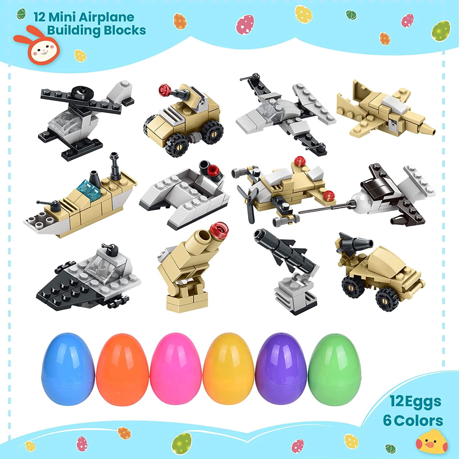 Fun Little Toys 12 Pcs Easter Eggs Prefilled with Mini Airplane Building Blocks, Building Toys for Easter Party Favors, Easter Basket Stuffers, Classroom Prizes, Kids Easter Gifts