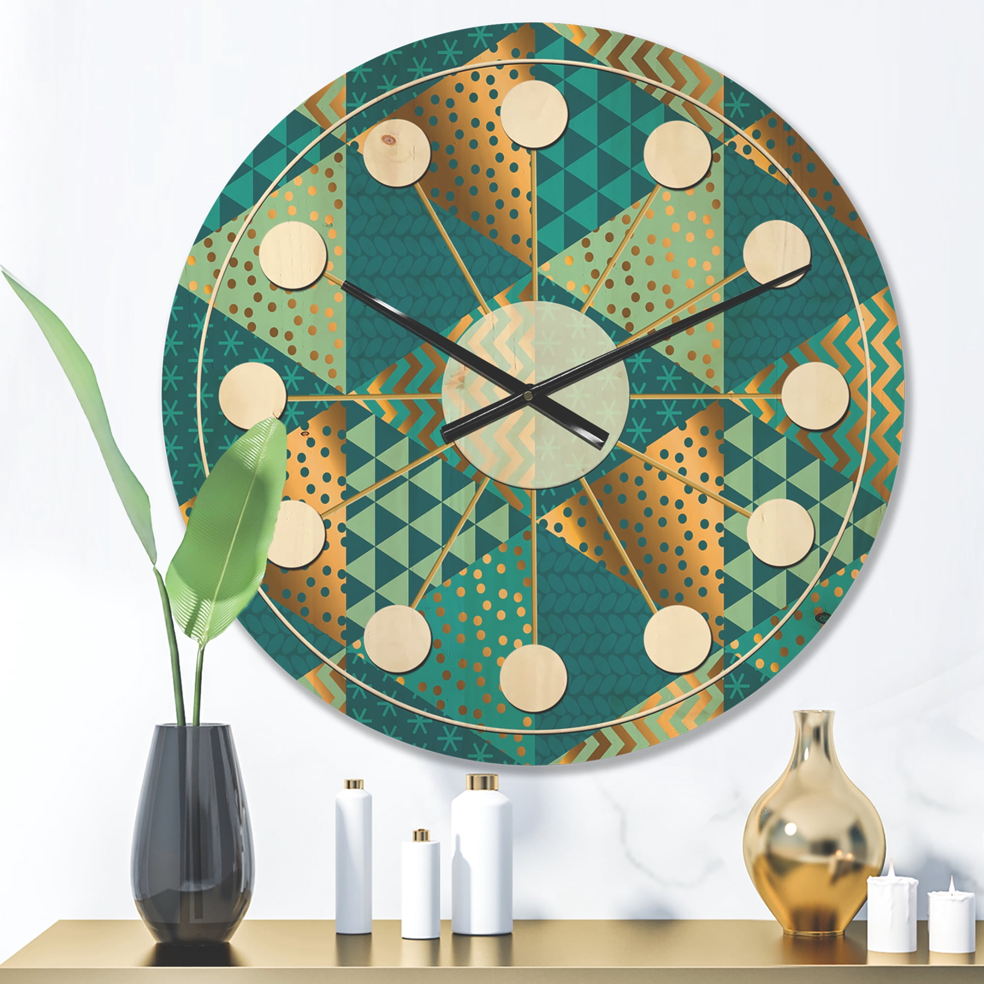 Designart 'Blue and Gold Dynamics I' Mid-Century Modern Wood Wall Clock