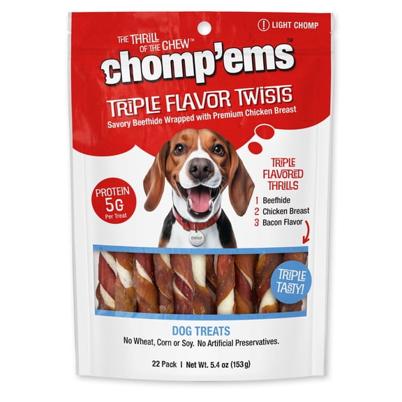 Chomp 'ems Triple Flavor Rawhide Twist Sticks - Beefhide Dog Chew - Treat for Dogs, 22 Count