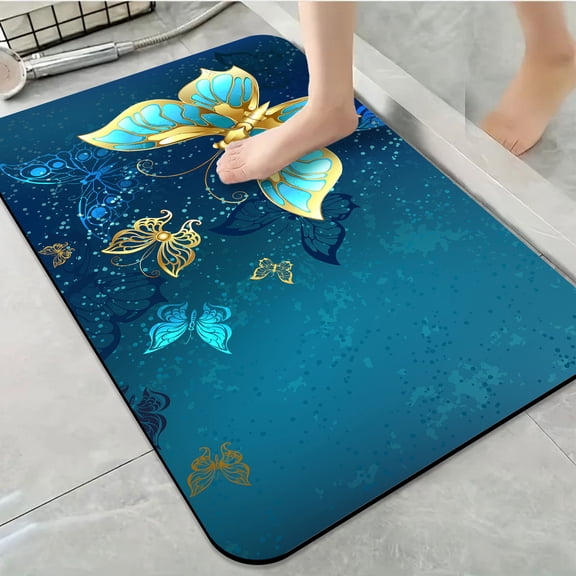 1pc Golden and Blue Butterflies Bathroom Rug Bathroom Decor and Accessories- Durable,Anti Slip,And Quick Drying,Suitable For Indoor/outdoor Use - Perfect For Bathrooms,Bedrooms,Kitchens