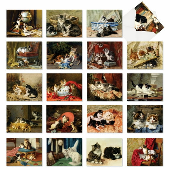 The Best Card Company 20 Assorted Blank Notecards Boxed Set 4 x 5.12 Inch with Envelopes (20 Designs, 1 Each) Classic Cats AM10220OCB-B1x20