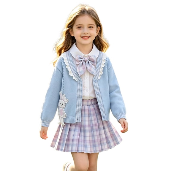 Afdoent Girls 3 Piece Outfit For Little Girls Blouse Plaid Pleated Skirt And Cardigan 3 Piece Outfit For School Day 100