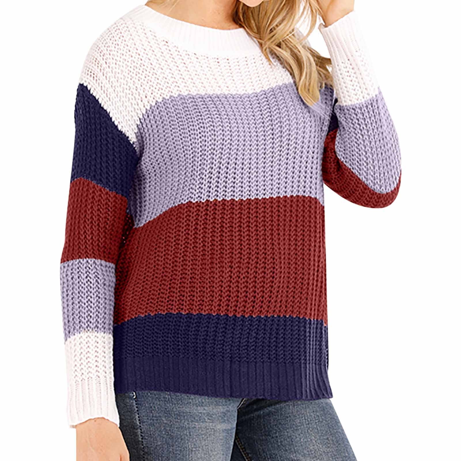 Hfyihgf Women's Long Sleeve Crew Neck Jumper Tops Striped Color Block Casual  Loose Knitted Pullover Sweater（Wine,S) 
