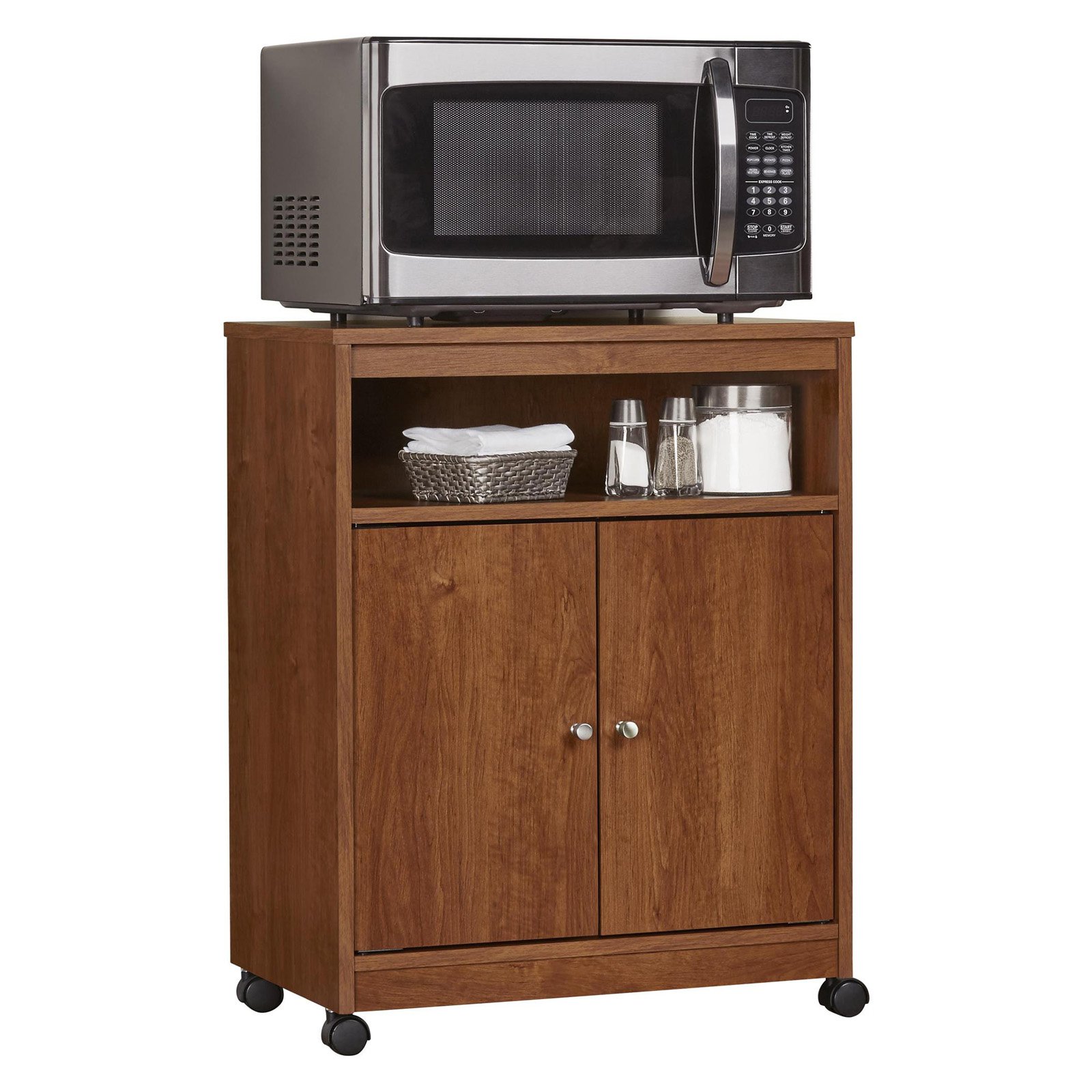 Home Landry Microwave Kitchen Cart w/Wheels and Concealed Storage