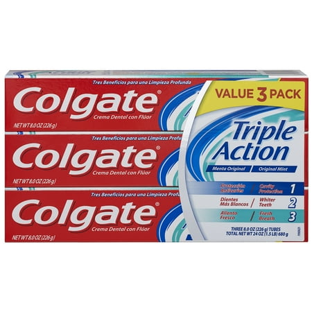 Colgate Triple Action Original Mint Fluoride Toothpaste Value Pack, 8.0 oz, 3 count