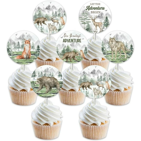 Let the Adventure Begin Baby Shower Decorations - 24pcs Woodland Creatures Cupcake Toppers, Woodland Mountain Forest Jungle Safari Animal Cake Toppers for Our Greatest Adventure Party