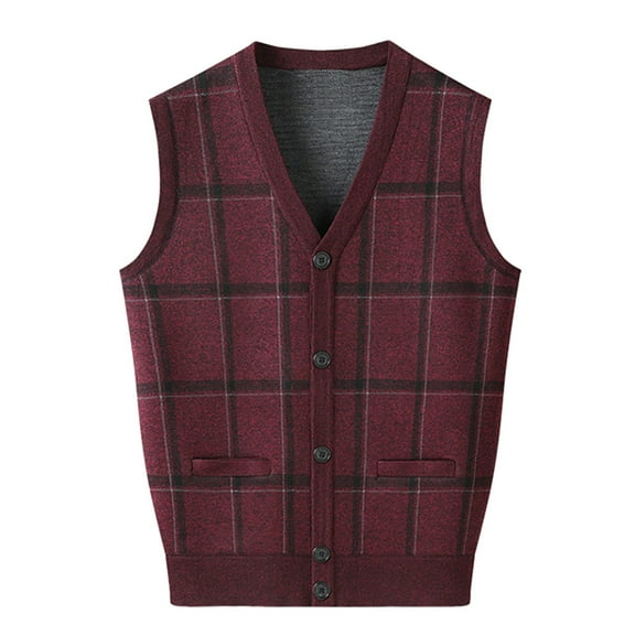 FINALGANG Mens Sweater Vest Plaid V Neck Sleeveless Knit Button Front Pockets Casual Warm Cardigan Vest For Casual Daily Outdoor Office Wear Trendy Knitwear