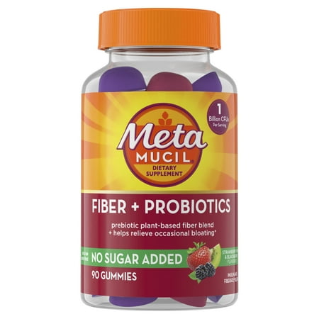 Metamucil Fiber Gummies For Adults with Probiotics for Bloating Relief, No Sugar Added Strawberry Kiwi Blackberry Flavors, 5g Prebiotic Plant Based Fiber Supplement Blend, 90 Count
