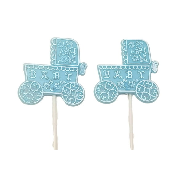 12 Plastic Blue buggy baby carriage shower favors appliques floral cupcake picks 3x3 at top 12" tall