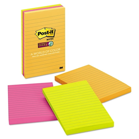 Post-it Notes Super Sticky Pads in Rio de Janeiro Colors, Lined, 4 x 6, 90-Sheet, 3/Pack
