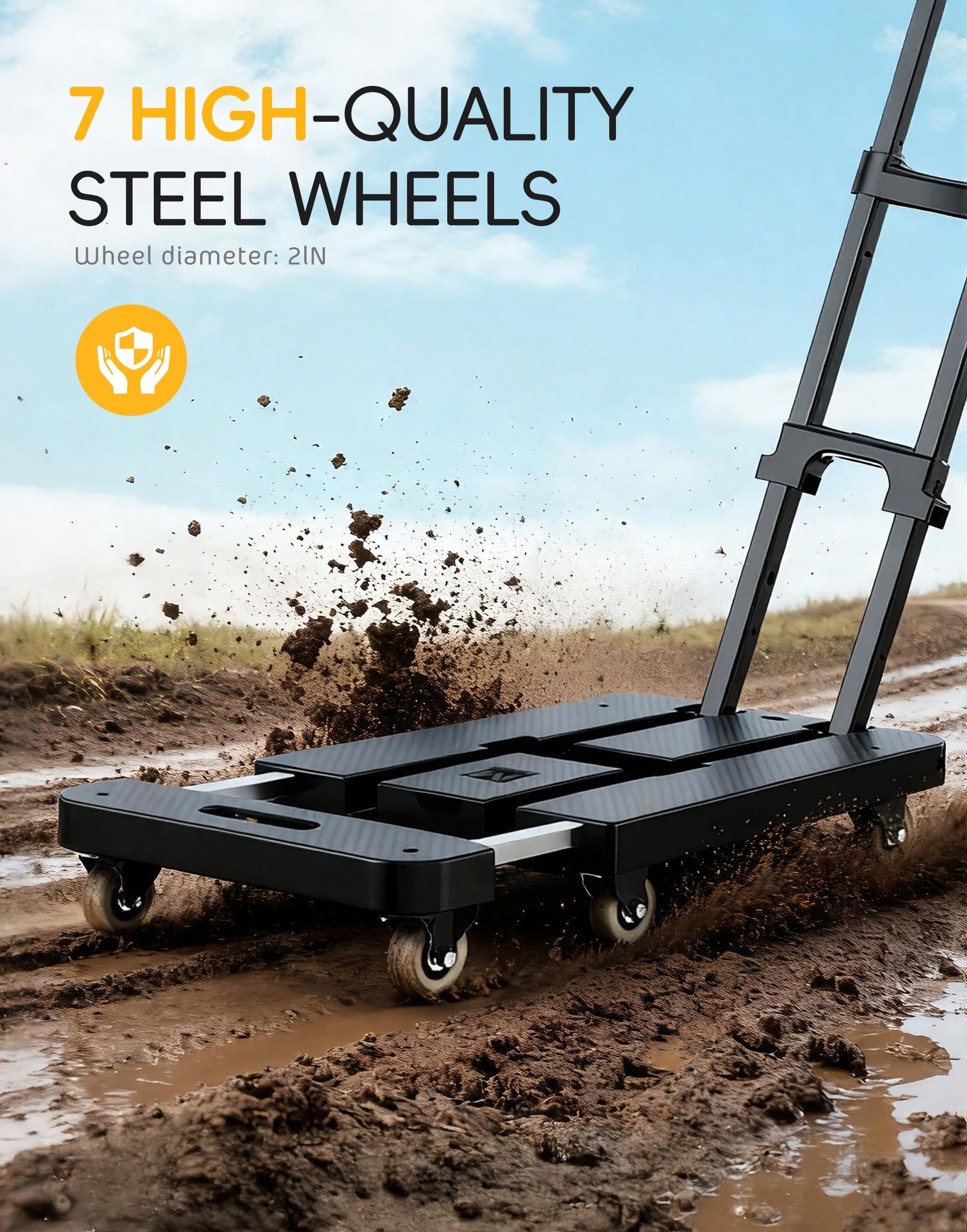 M BUDER Folding Hand Truck, 440 LBS Heavy Duty Dolly Cart, Utility Platform Cart with 7 Wheels for Travel, House, Office, Shopping, Moving Use Black Folded