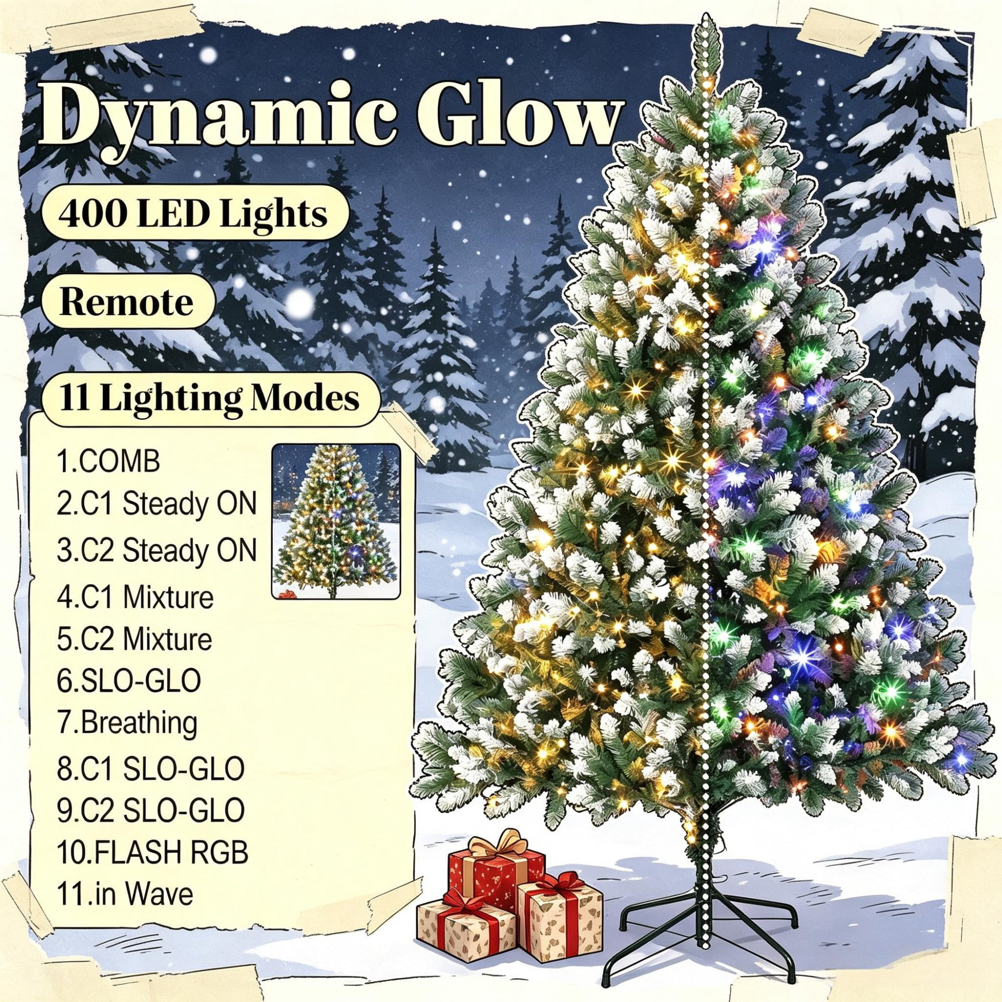 7.5 ft Pre-Lit Artificial Christmas Tree with 400 Dual-Color LED Lights, 1378 PVC Tips, Hinged Branches and Remote Control