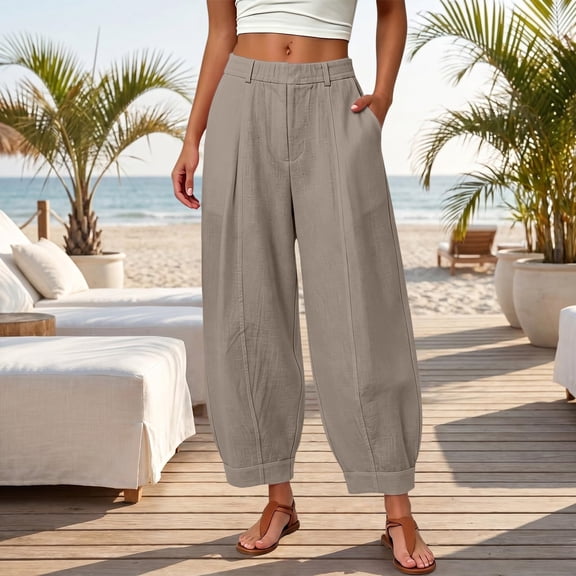 TaTaai Womens Solid Elastic Waist Pants with Pockets Loose Casual Trousers Bottoms for Daily Home