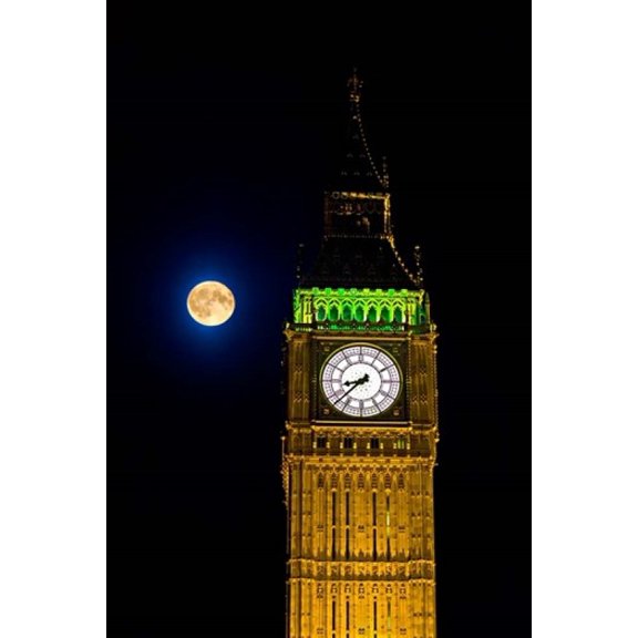 London Big Ben Clock tower the moon Canvas Art - David Slater  DanitaDelimont (11 x 17)