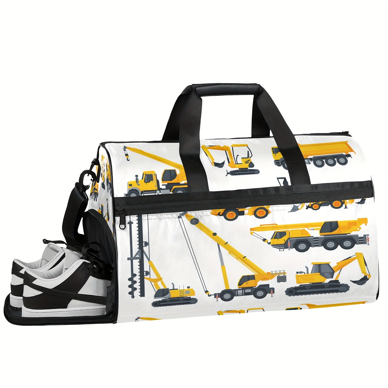 Construction vehicle pattern excavator theme fitness bag, large capacity sports training bag with independent shoe compartment, handbag