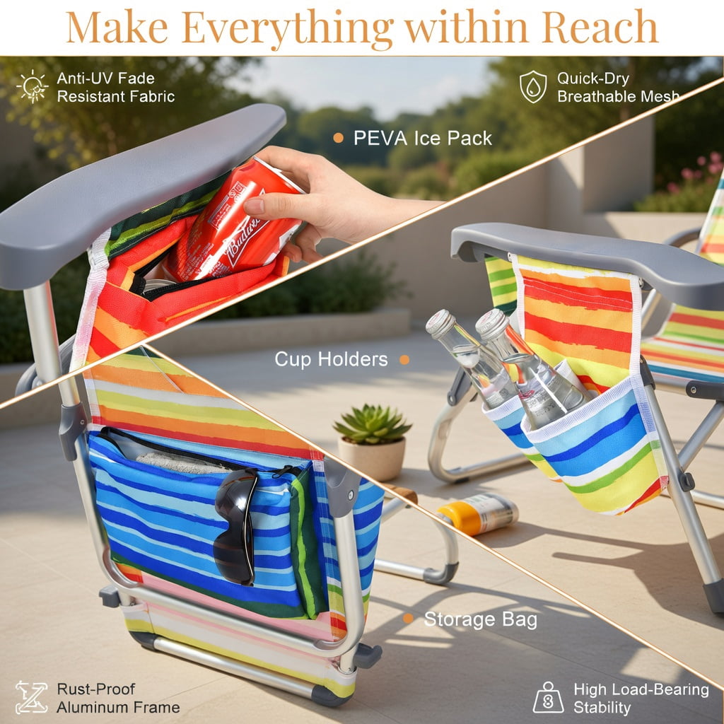 Hommoo 2-Pack Portable 5-Position Aluminum Beach Chair Set with Folding Side Table, Yellow