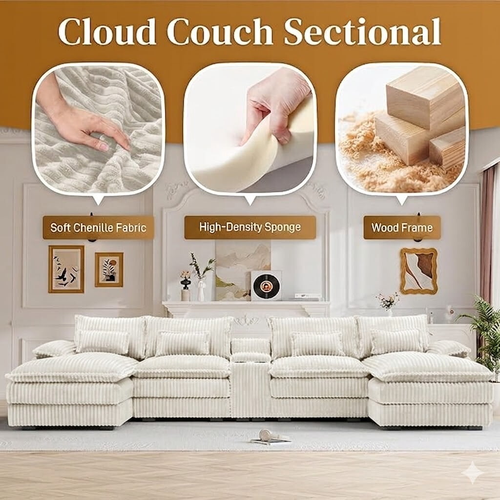 avobird Oversided 124" U Shaped Cloud Couch Sectional, DeepSeat Sofa Bed with USB Charging, Hidden Storage, Cup Holders & Chenille Double Chaise, Beige