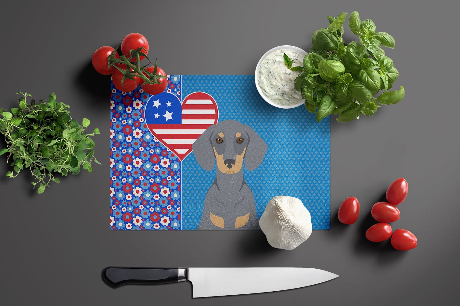 Blue and Tan Dachshund Glass Cutting Board Large 12 in x 15 in