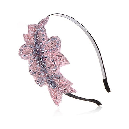 Womens Rose Pink Coral Silver Metallic Handmade Floral Crystal Beaded Headpiece Headband