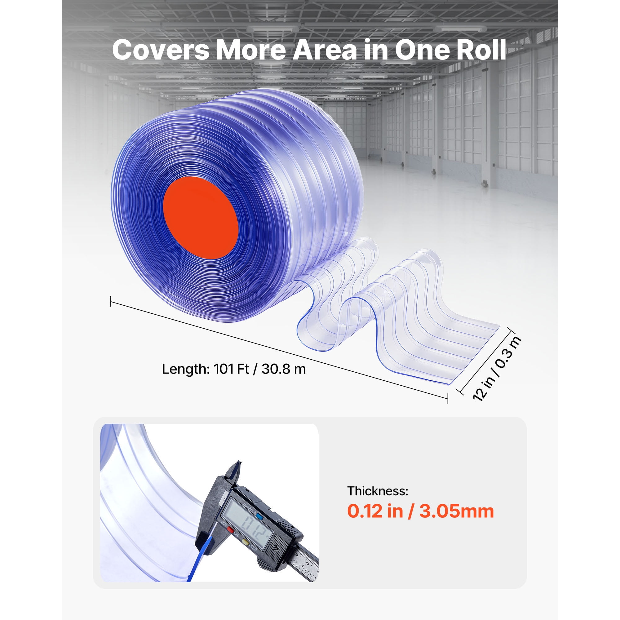 KFFKFF Clear PVC Strip Curtain, 101 ft x 12 in, Ribbed Plastic Door Strips for Freezers, Coolers, and Doorways in Supermarkets, Garages, Warehouses, or Animal Shelters
