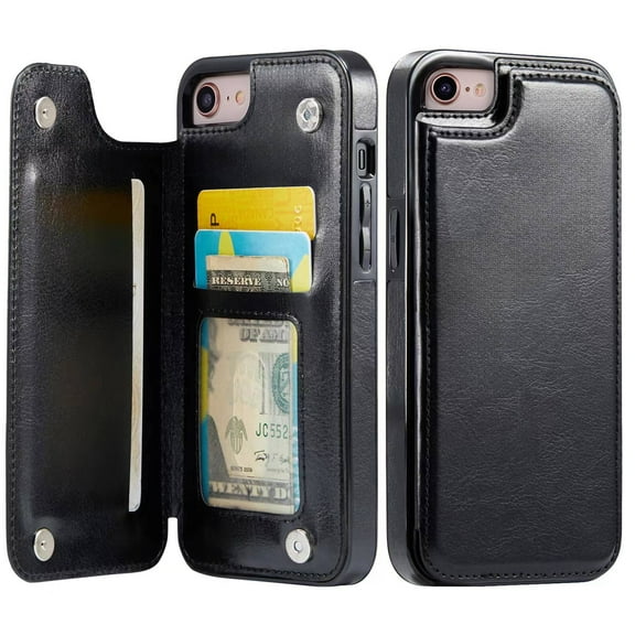 For iPhone 7 8 SE Wallet Case with Card Holder, PU Faux Leather Kickstand Card Slots Case, Double Magnetic Clasp and Durable Shockproof Cover