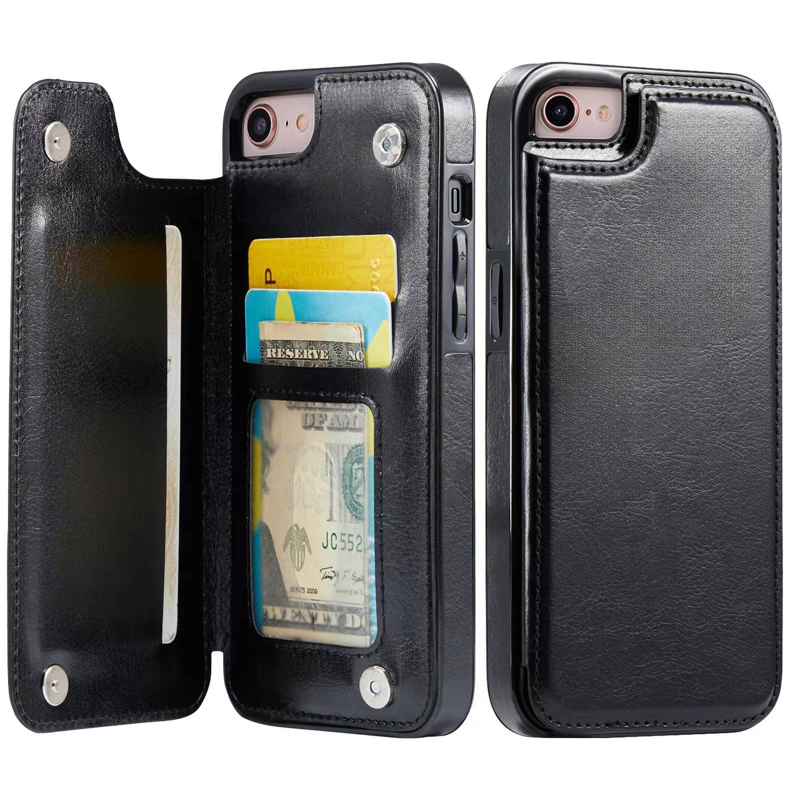 For iPhone 7 8 SE Wallet Case with Card Holder, PU Faux Leather Kickstand Card Slots Case, Double Magnetic Clasp and Durable Shockproof Cover