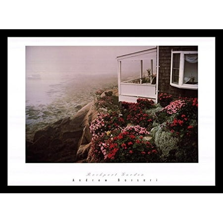 - buyartforless FRAMED Rockport Garden by Andrew Borsari 24x18 Art Print Poster Photograph Beautiful Coastal Beach House with Floral Garden Rocky Cliff Foggy Ocean View