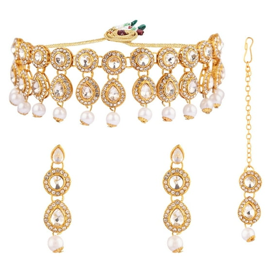 Efulgenz Bridal Necklace Set for Wedding Cubic Zirconia Necklace Set for Women Indian Jewelry Set Tear Drop CZ Crystal Rhinestone Faux Pearl Dangle Earrings & Maang Tikka