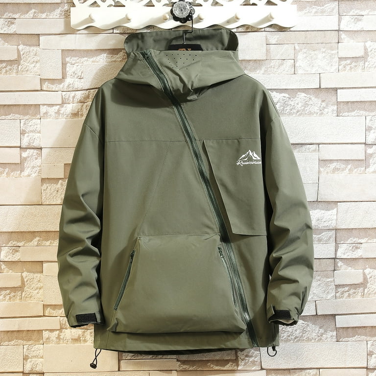 Mens Slanting Zipper Solid Color Hooded Jacket Waterproof Kangaroo