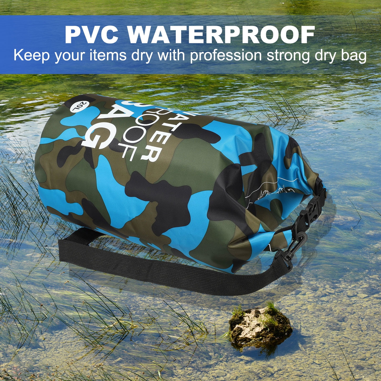 Uxcell Waterproof Dry Bag, 20L Water Proof Bags Lightweight Dry Storage Floating Backpack with Whistle (1 Pack, Green Camouflage)
