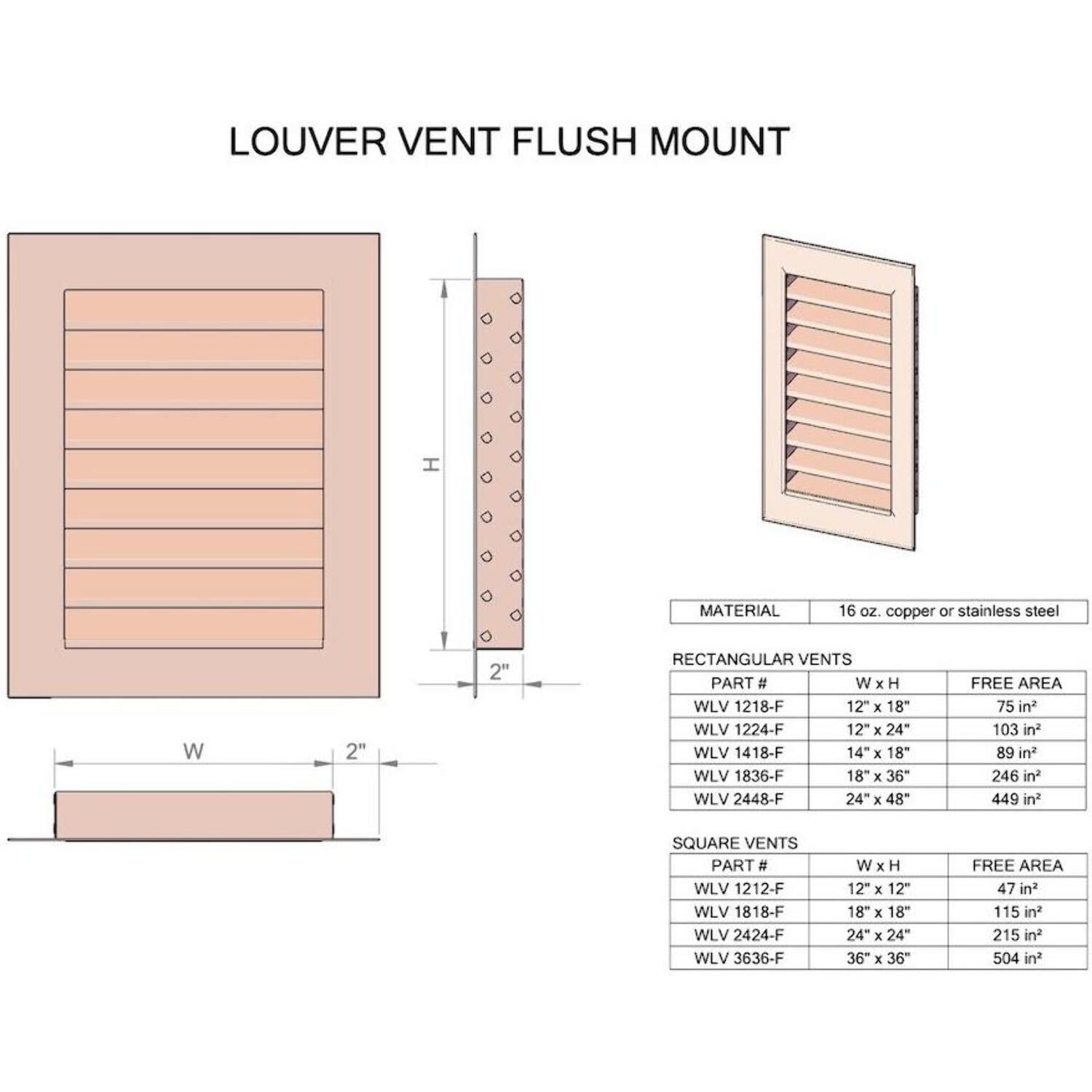 Hammered Copper Louvered Gable End Vent Vent Size: 24" W x 48" H, Mount Type: Flush
