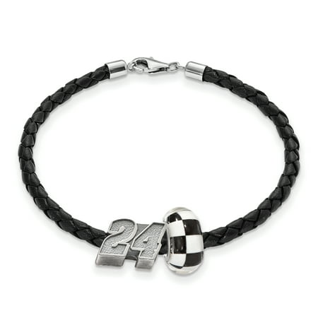 Sterling Silver Antiqued LogoArt NASCAR #24 William Byron Glass Leather Bracelet
